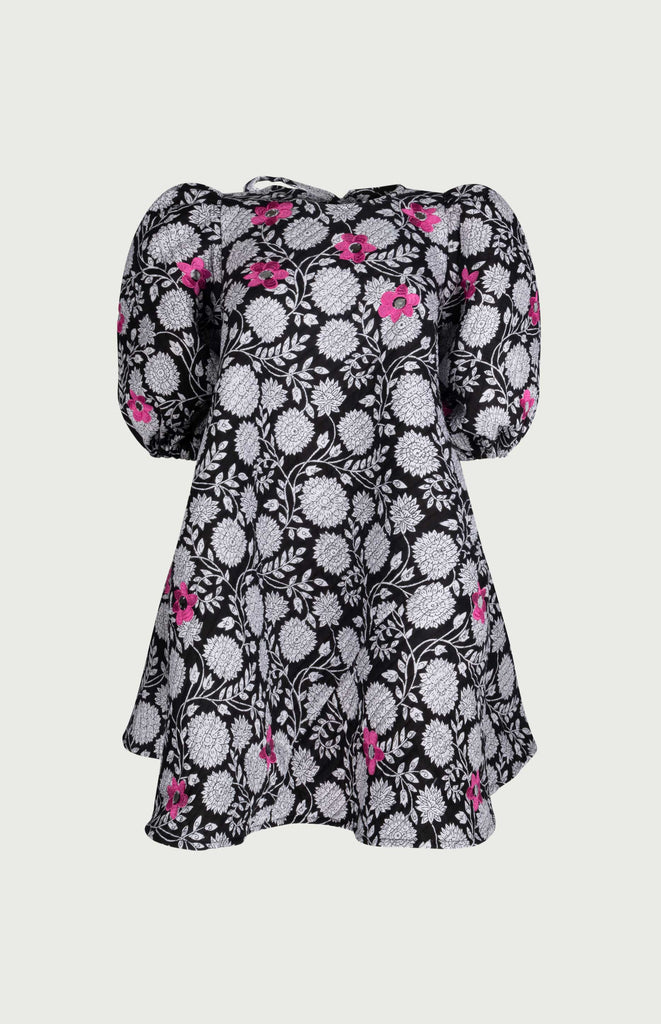 All Things Mochi - Femme Fatale - Diana Dress - Black (fuchsia embroidery - front)