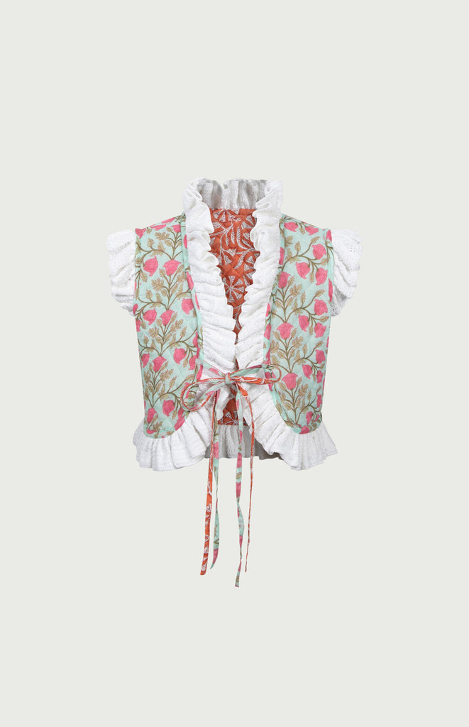 All Things Mochi - Gia Reversible Vest Orange - reversible block print vest with crochet (front, reversed)