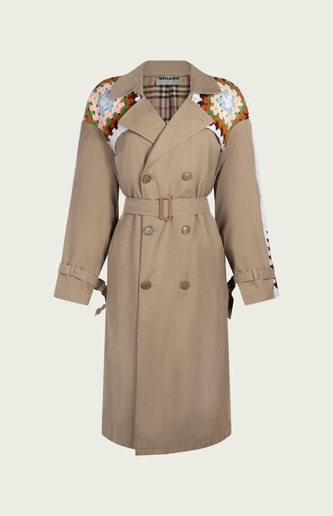 All Things Mochi - Sam Trench Coat - Mochi Reconstructed - Classic khaki trench coat combined with beige crochet (front)