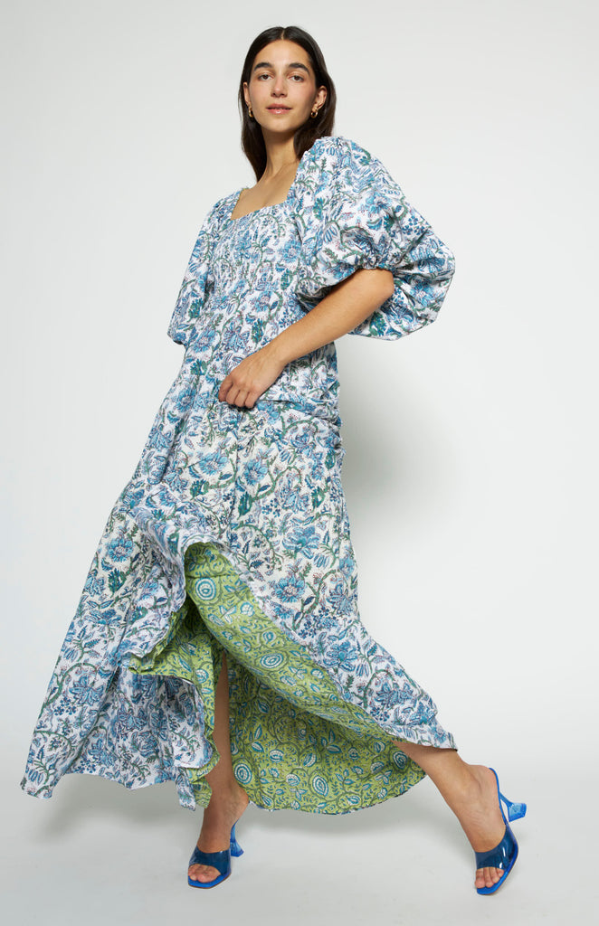 All Things Mochi - Mochi Uplifted - Ivory Reversible Dress Skyblue - reversible floral printed dress with puffed sleeves 