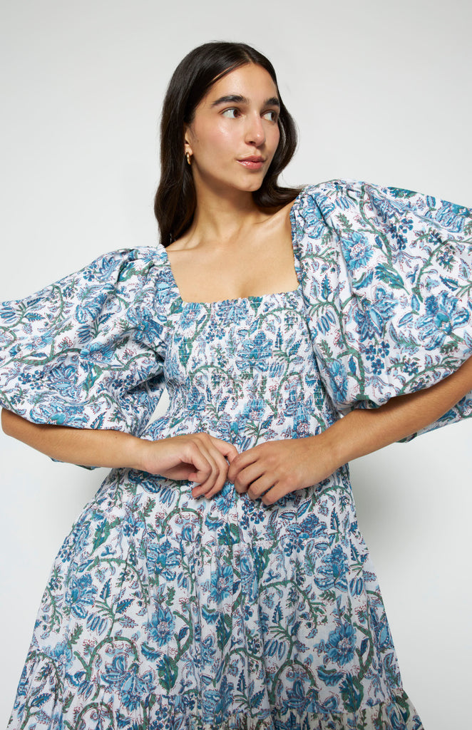 All Things Mochi - Mochi Uplifted - Ivory Reversible Dress Skyblue - reversible floral printed dress with puffed sleeves