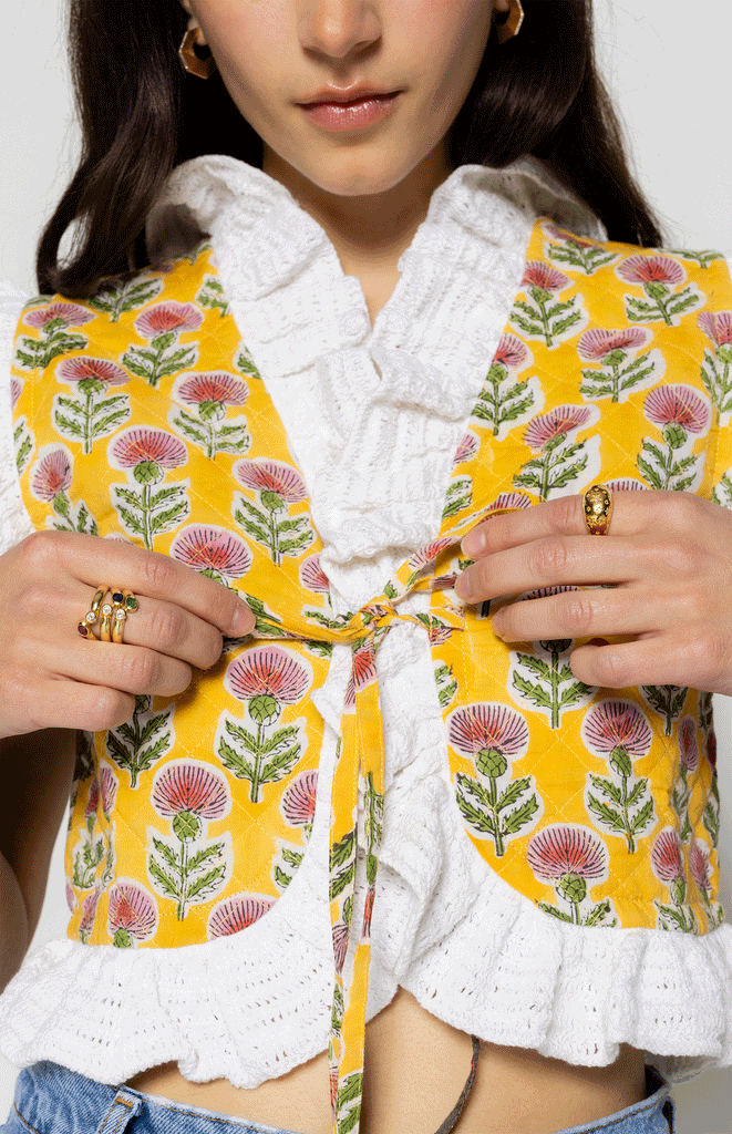 All Things Mochi - Gia Reversible Vest Yellow - reversible block print vest with crochet (front)