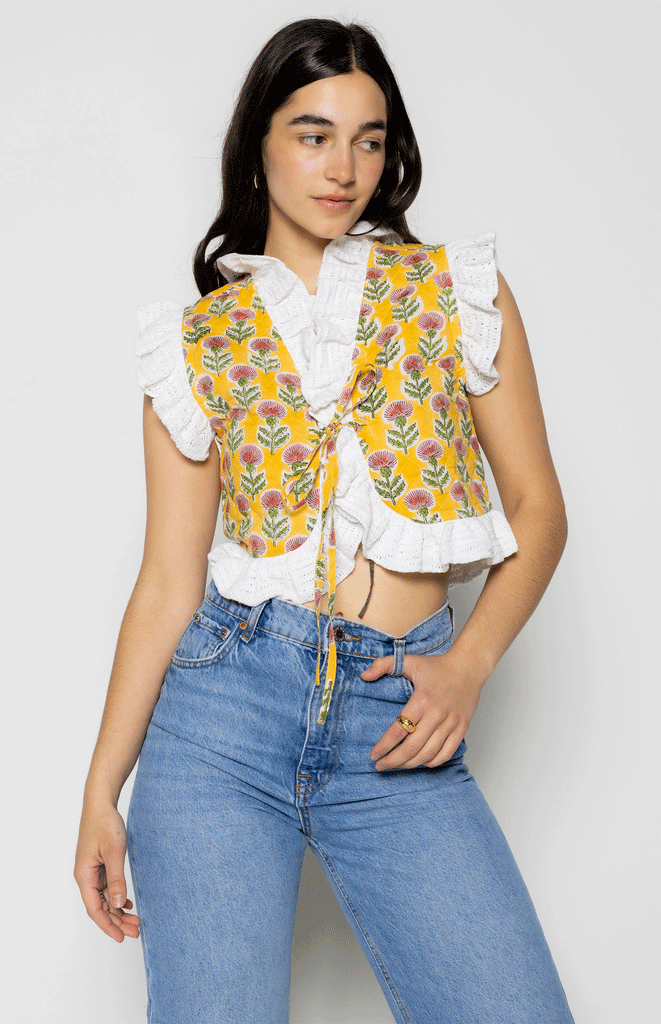 All Things Mochi - Gia Reversible Vest Yellow - reversible block print vest with crochet (front)