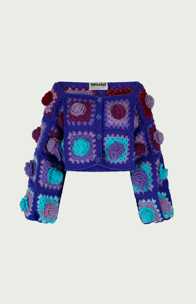 All Things Mochi - Crochet - Falling for You - Rijn Crochet Cardigan - Purple - Unique colorful Mochi granny square crochet cardigan (front)