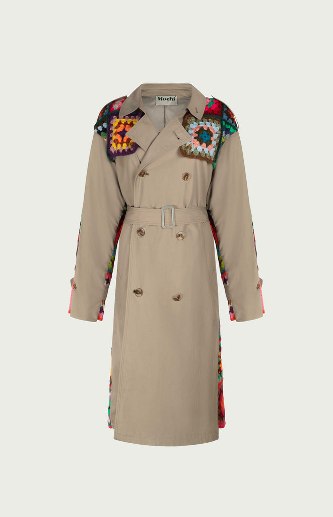 All Things Mochi - Sam Trench Coat - Mochi Reconstructed - Classic khaki trench coat combined with rainbow crochet (front)
