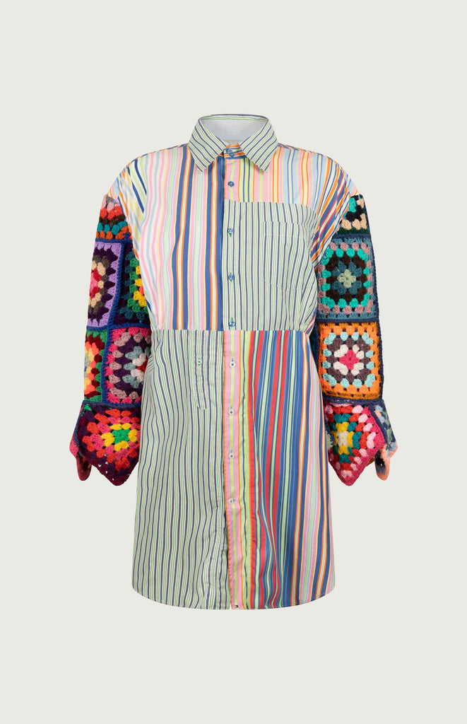 All Things Mochi - Jet Shirt Dress - Mochi Reconstructed - Shirt dress with handmade crochet (sample, front)