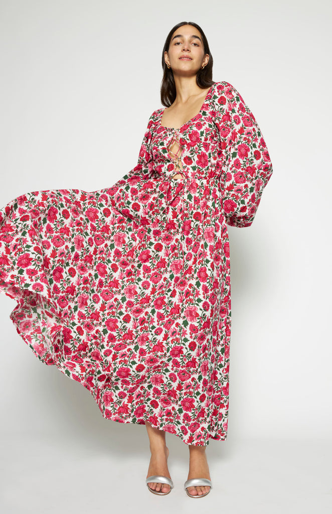 All Things Mochi - Duchess Dress Fuchsia - long blockprint cotton dress (front)