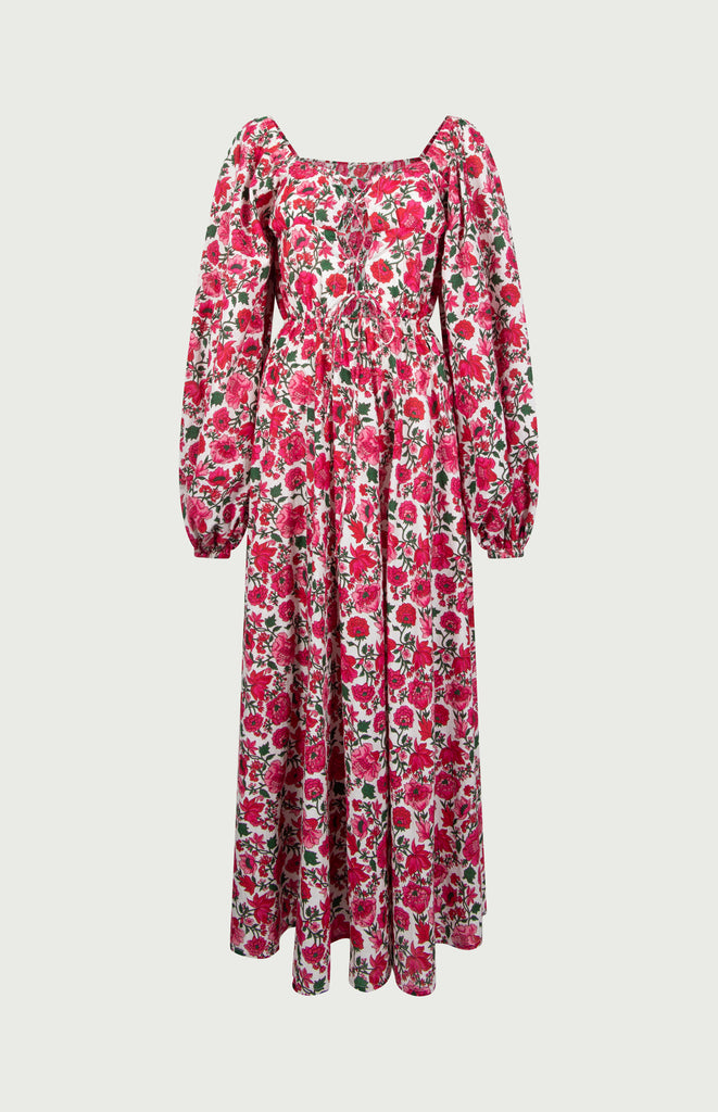 All Things Mochi - Duchess Dress Fuchsia - long blockprint cotton dress (front pack shot)