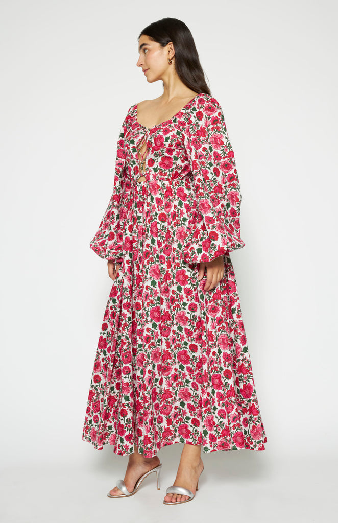 All Things Mochi - Duchess Dress Fuchsia - long blockprint cotton dress (side)