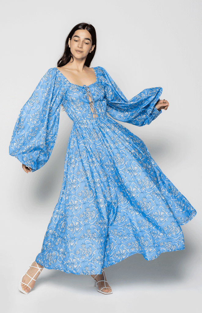 All Things Mochi- Dutchess Dress - Puffed long sleeves - Blue