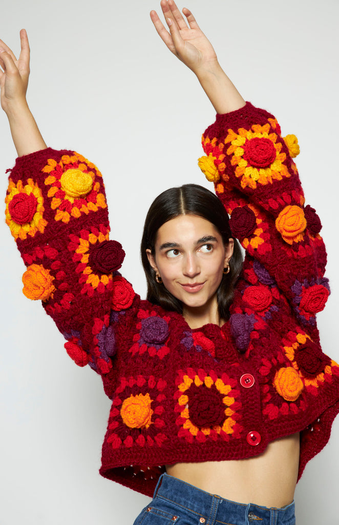 All Things Mochi - Crochet - Falling for You - Rijn Crochet Cardigan - Red - Unique colorful Mochi granny square crochet cardigan 