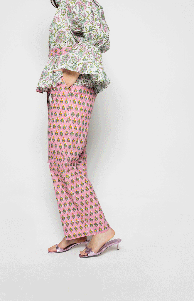 All Things Mochi- Tunic Top with tie around waste- Puffed sleeves with blockprint fabrics - Sustainable - Pink Bottoms