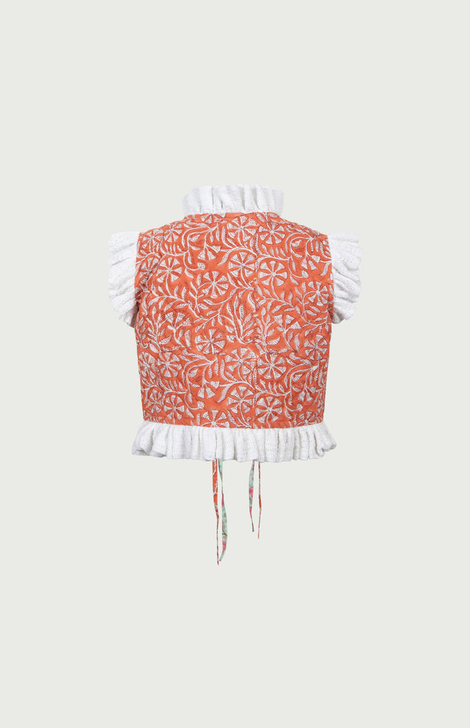 All Things Mochi - Gia Reversible Vest Orange - reversible block print vest with crochet (back)