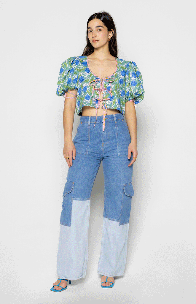 All Things Mochi- Clementine Top with bows in the front - Puffed sleeves - Cropped top- green