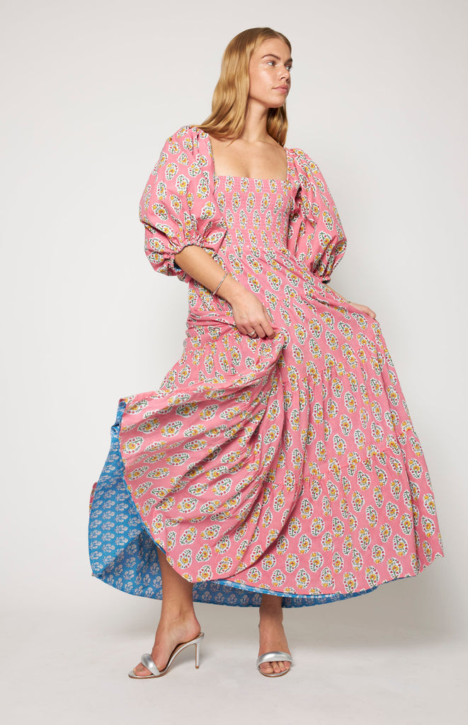 All Things Mochi - Ivory Reversible Dress Pink - Mochi Uplifted - reversible floral printed dress with puffed sleeves (front)