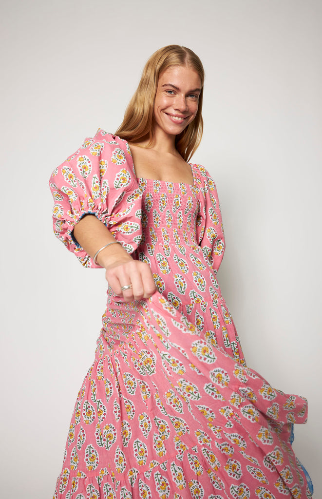 All Things Mochi - Ivory Reversible Dress Pink - Mochi Uplifted - reversible floral printed dress with puffed sleeves (front)