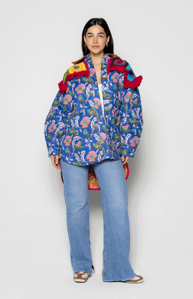 All Things Mochi - Mochi Uplifted - Fall of Bloom - Lily Shirt Jacket: bomber style jacket with crochet details (Sapphire, front)