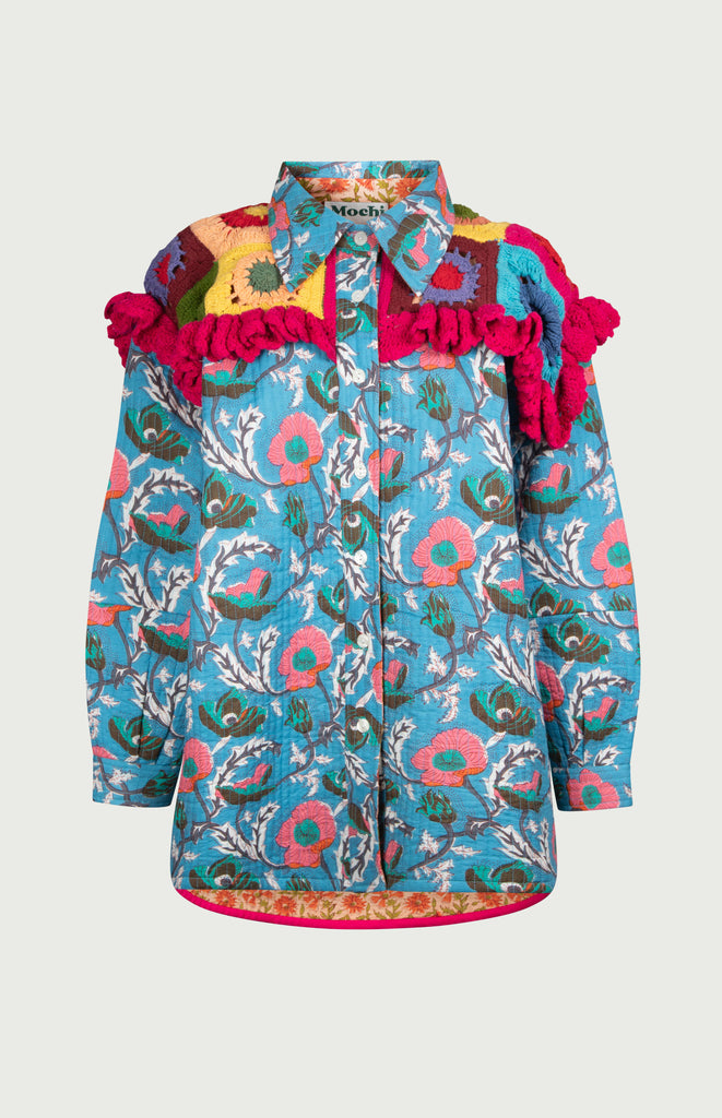 All Things Mochi - Mochi Uplifted - Lily Shirt Jacket Babyblue with crochet details (front)