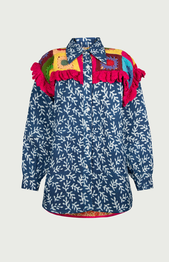 All Things Mochi - Mochi Uplifted - Lily Shirt Jacket Royal with crochet details (front)