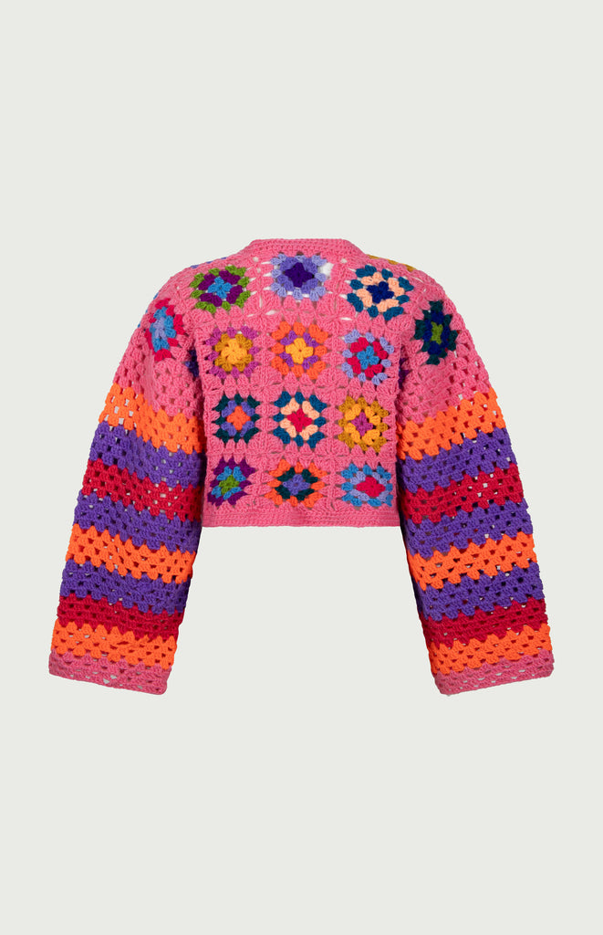 All Things Mochi - Mochi Crochet - Lina Crochet Cardigan Pink with crochet buttons (back)