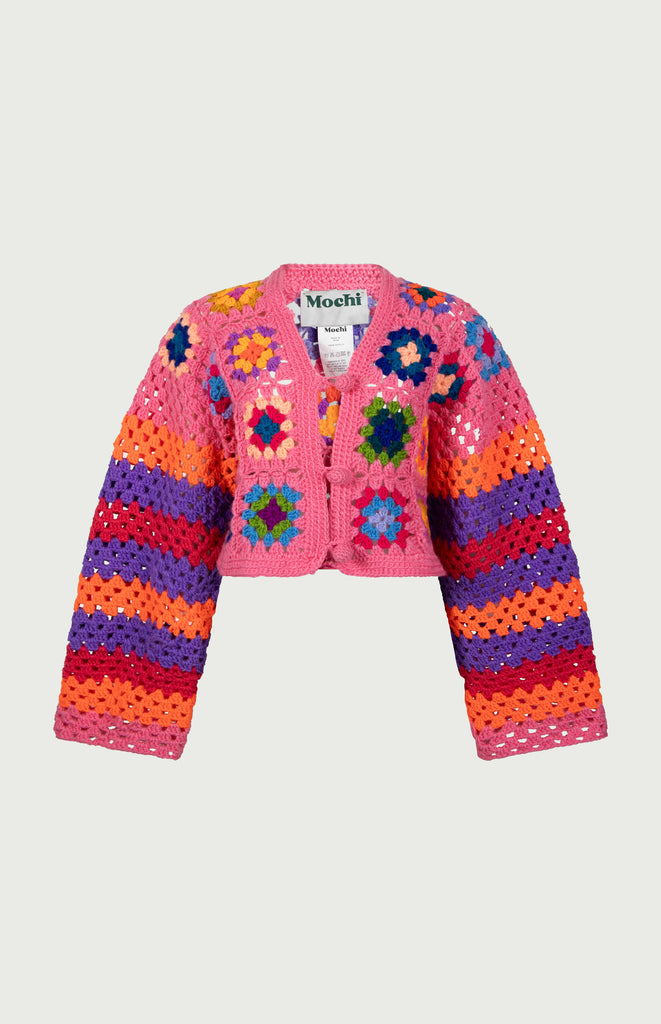 All Things Mochi - Mochi Crochet - Lina Crochet Cardigan Pink with crochet buttons (front)