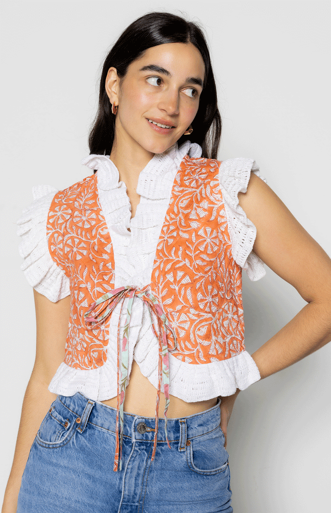 All Things Mochi - Gia Reversible Vest Orange - reversible block print vest with crochet (front)