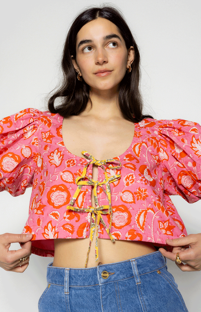 All Things Mochi- Clementine Top with bows in the front - Puffed sleeves - Cropped top- Pink