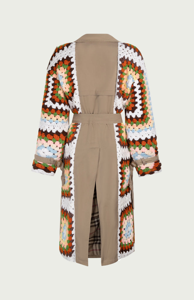 All Things Mochi - Sam Trench Coat - Mochi Reconstructed - Classic khaki trench coat combined with beige crochet (back)