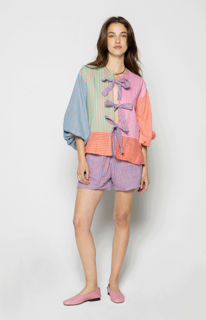 All Things Mochi - Striped Inge blouse with ties down the front- matching ula shorts 