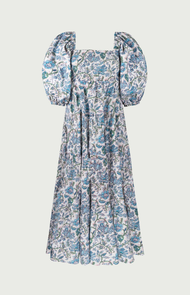 All Things Mochi - Mochi Uplifted - Ivory Reversible Dress Skyblue - reversible floral printed dress with puffed sleeves (front)