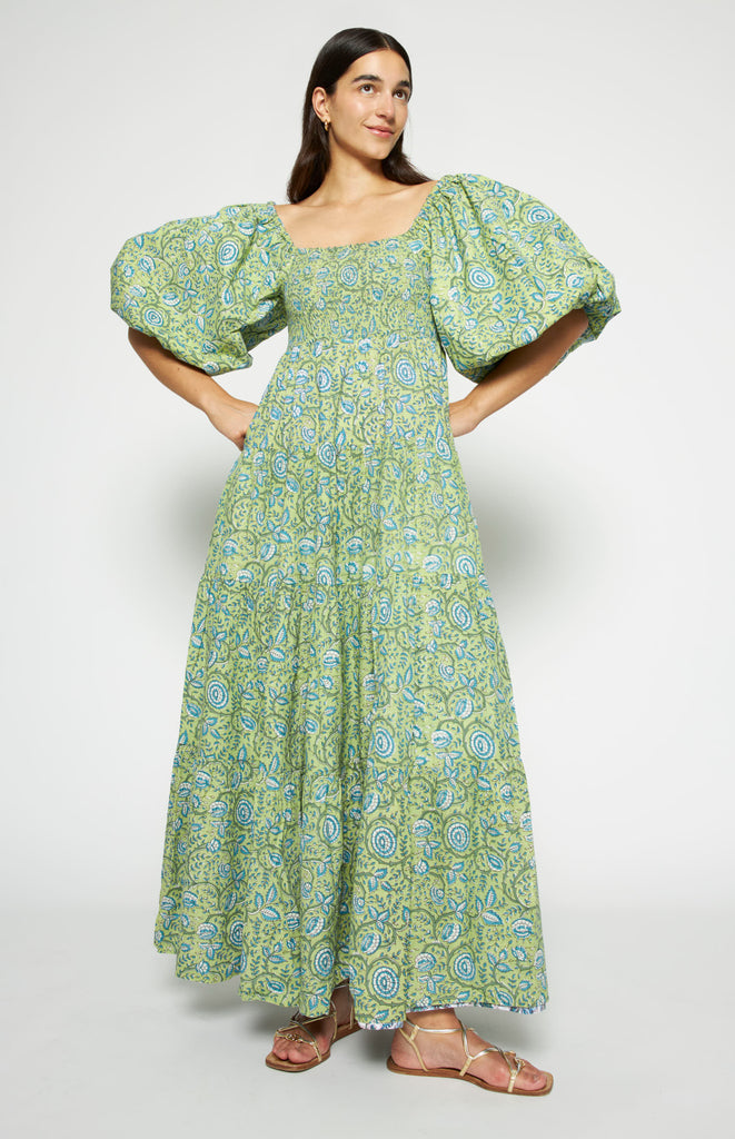 All Things Mochi - Mochi Uplifted - Ivory Reversible Dress Skyblue - reversible floral printed dress with puffed sleeves (reversed)