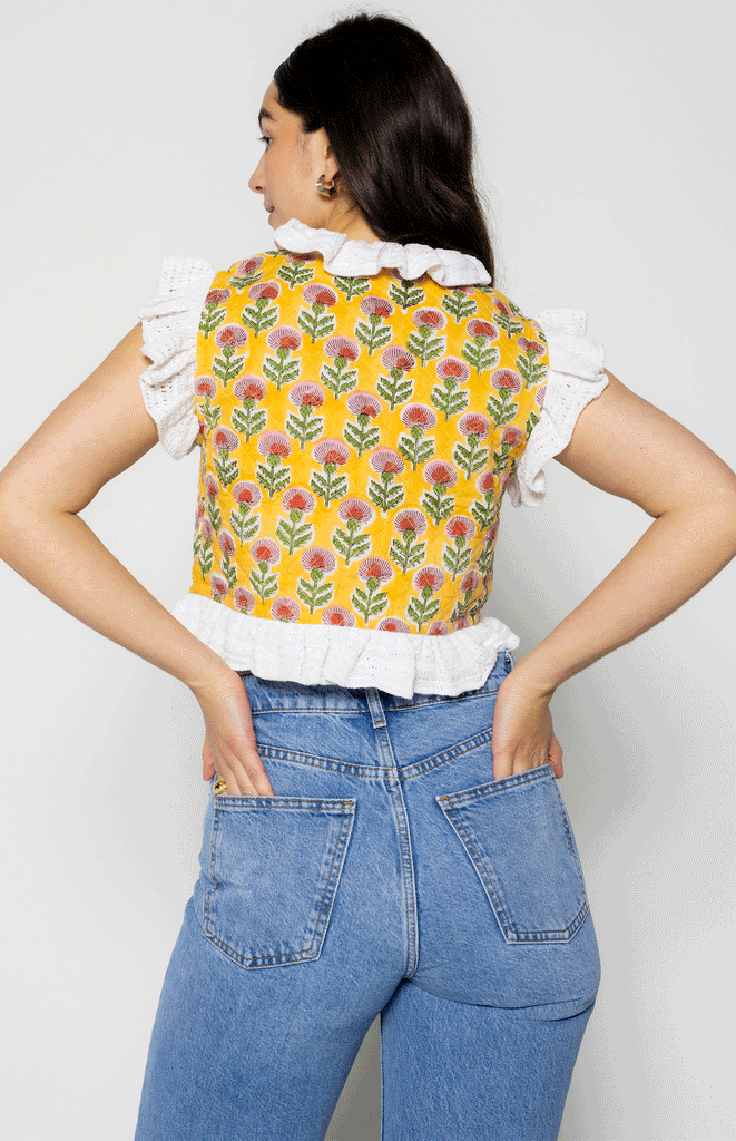 All Things Mochi - Gia Reversible Vest Yellow - reversible block print vest with crochet (back)
