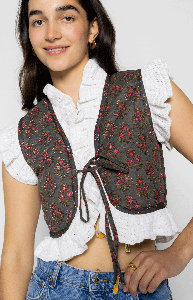 All Things Mochi - Gia Reversible Vest Yellow - reversible block print vest with crochet (Front, reversed)