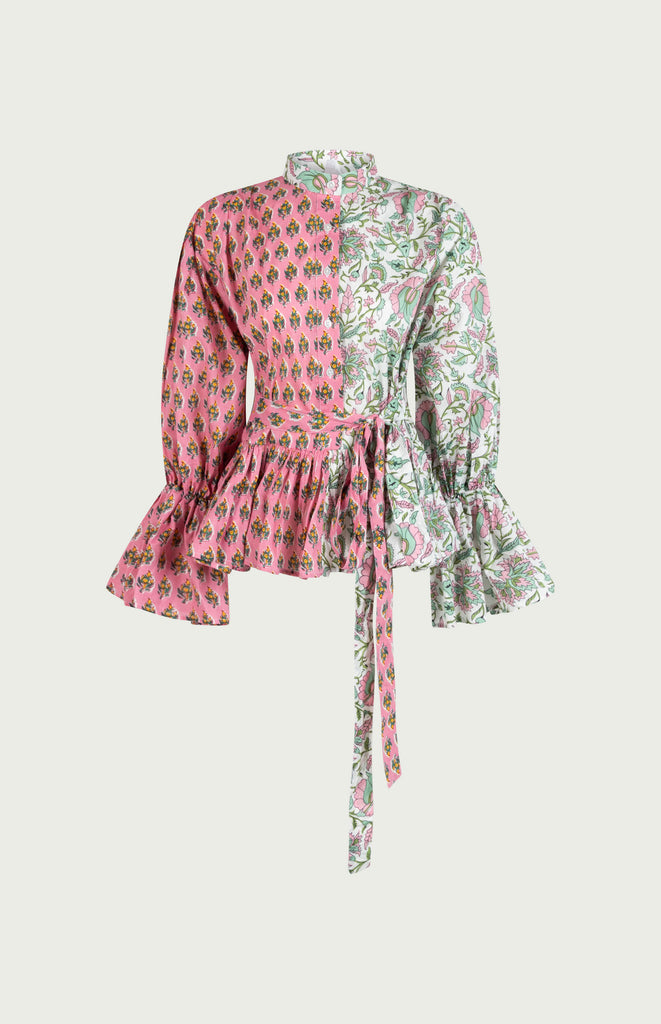 All Things Mochi- Farrah Top Pink - Long Sleeves, tie around waste - puffed sleeves and ruffles pink