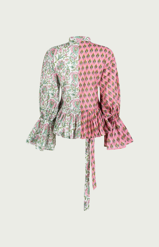 All Things Mochi- Farrah Top Pink - Long Sleeves, tie around waste - puffed sleeves and ruffles pink (Back)