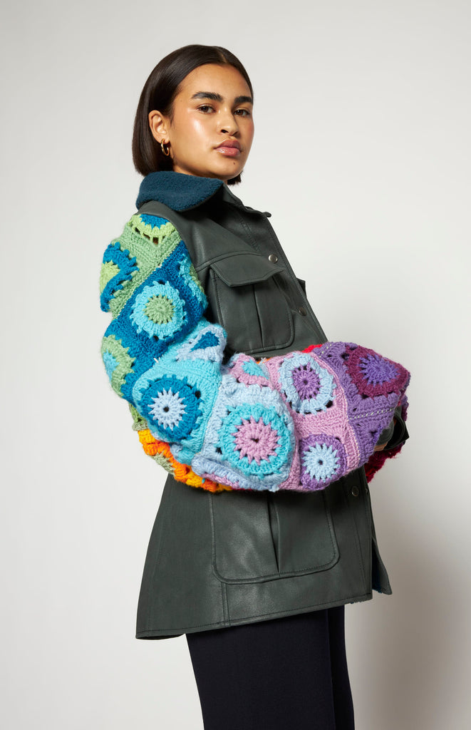 All Things Mochi - Crochet - Falling for You - Kalver Crochet Jacket - Multi - Unique colorful Mochi granny square crochet jacket