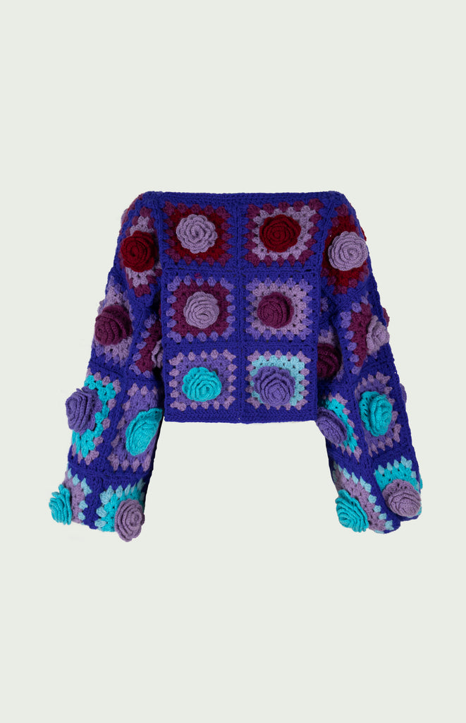 All Things Mochi - Crochet - Falling for You - Rijn Crochet Cardigan - Purple - Unique colorful Mochi granny square crochet cardigan (back)