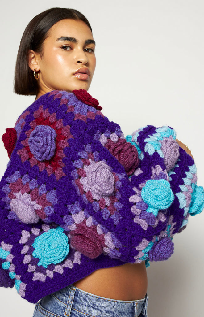 All Things Mochi - Crochet - Falling for You - Rijn Crochet Cardigan - Purple - Unique colorful Mochi granny square crochet cardigan