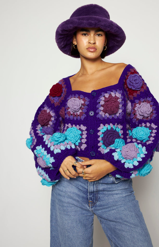 All Things Mochi - Crochet - Falling for You - Rijn Crochet Cardigan - Purple - Unique colorful Mochi granny square crochet cardigan