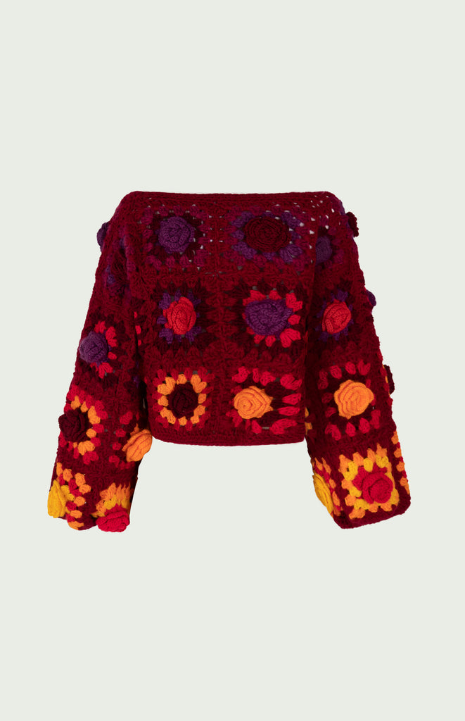 All Things Mochi - Crochet - Falling for You - Rijn Crochet Cardigan - Red - Unique colorful Mochi granny square crochet cardigan (back)