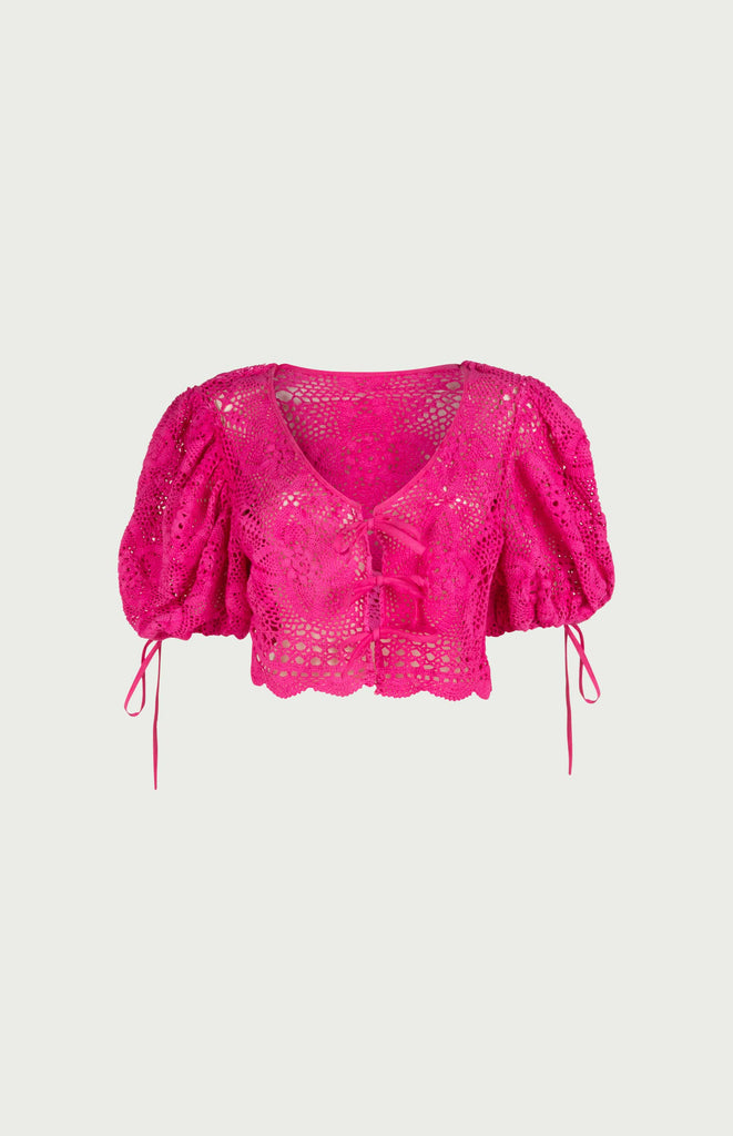 All Things Mochi - Mochi Reconstructed - Clementine Lace Top - Reconstructed lace crochet top (fuchsia, front)