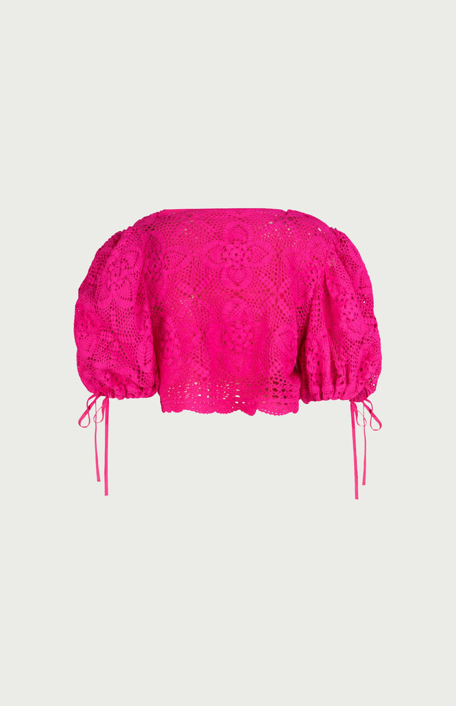 All Things Mochi - Mochi Reconstructed - Clementine Lace Top - Reconstructed lace crochet top (fuchsia, back)