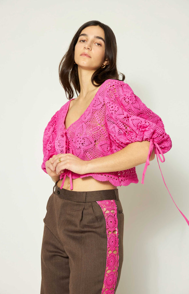 All Things Mochi - Mochi Reconstructed - Clementine Lace Top - Reconstructed lace crochet top (fuchsia, front)