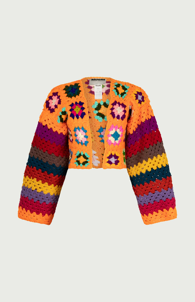 Lisa Crochet Cardigan - All Things Mochi - unique colorful Mochi Reconstructed crochet top (orange, front)