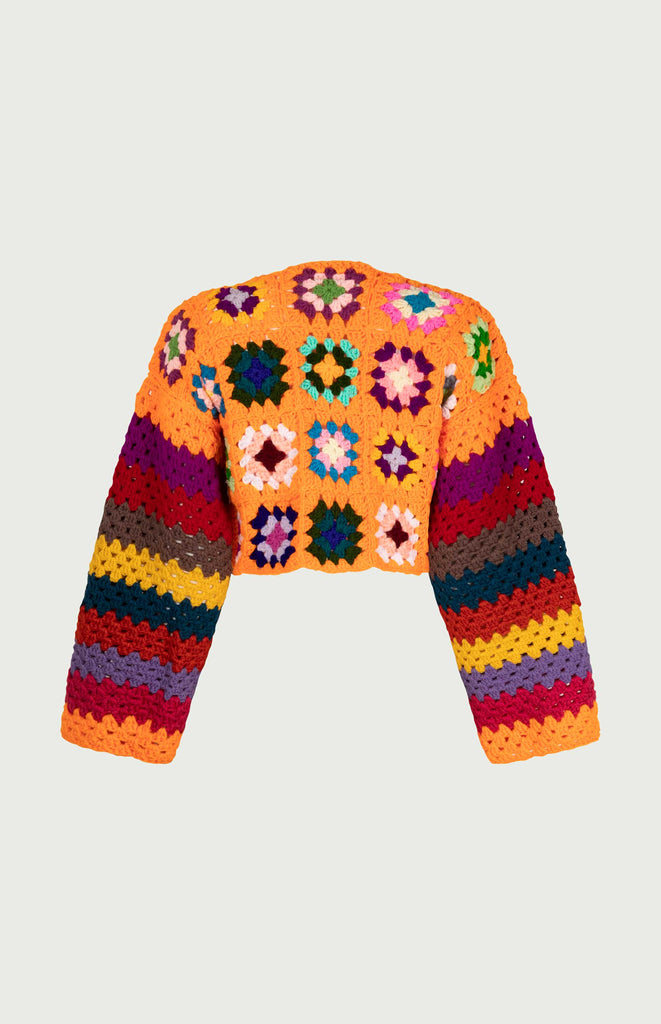 Lisa Crochet Cardigan - All Things Mochi - unique colorful Mochi Reconstructed crochet top (orange, back)