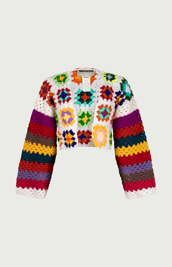 Lisa Crochet Cardigan - All Things Mochi - unique colorful Mochi Reconstructed crochet top (white, front)