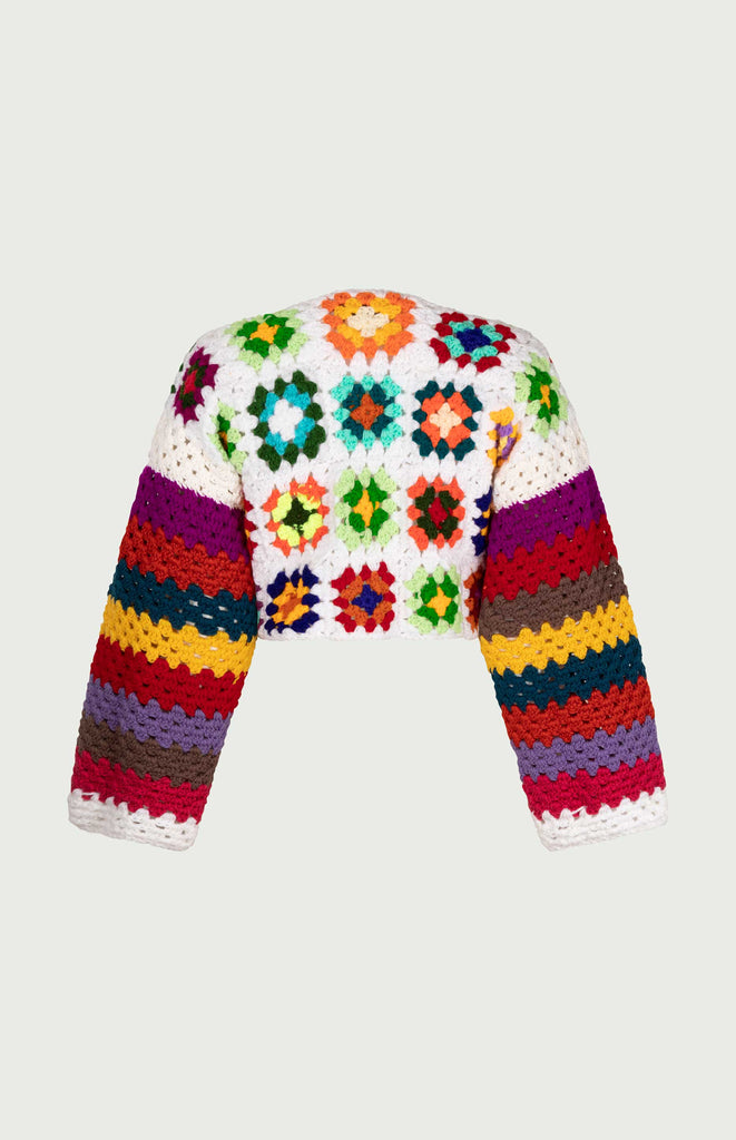 Lisa Crochet Cardigan - All Things Mochi - unique colorful Mochi Reconstructed crochet top (white, back)