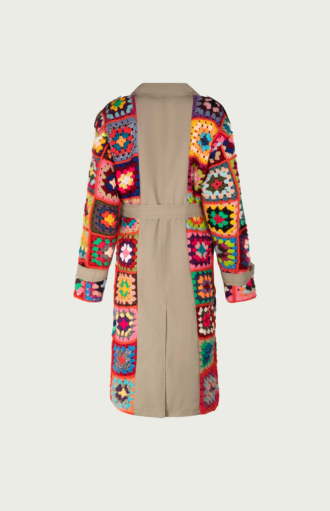 All Things Mochi - Sam Trench Coat - Mochi Reconstructed - Classic khaki trench coat combined with rainbow crochet (back)